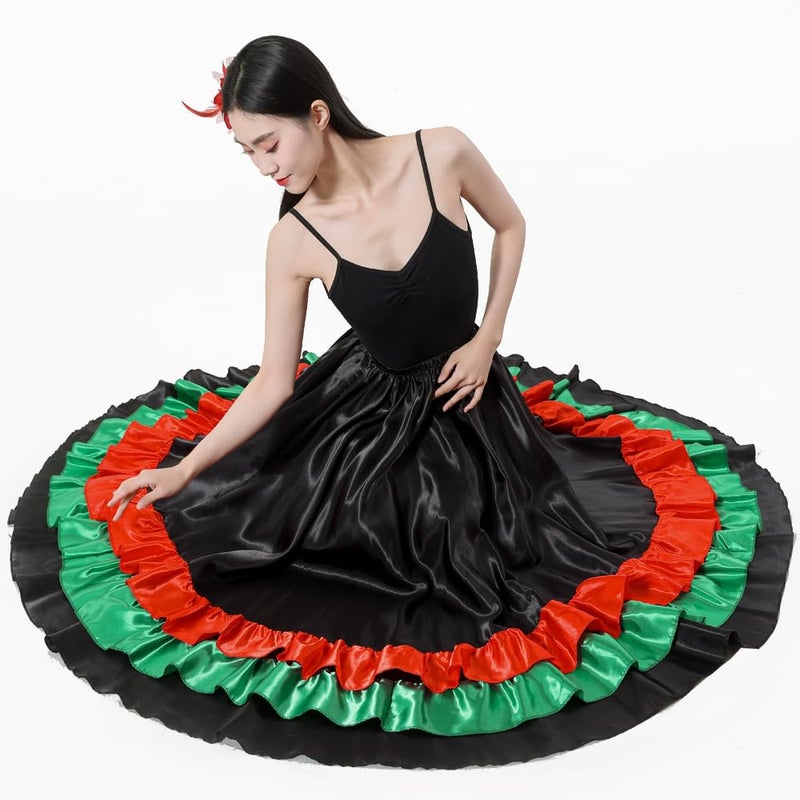 Backgarden Adult Ruffles Black Red Green Maxi Long Dance Skirt for Mexican Flamenco Halloween Costume (Black Skirt-Green/red Ruffles) - Image 3